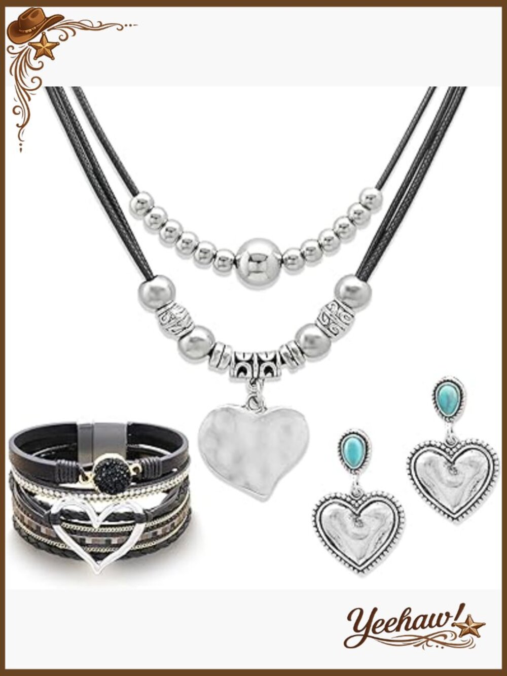 3 Piece Western Layered Necklace Charm Choker Bracelet Earrings Set